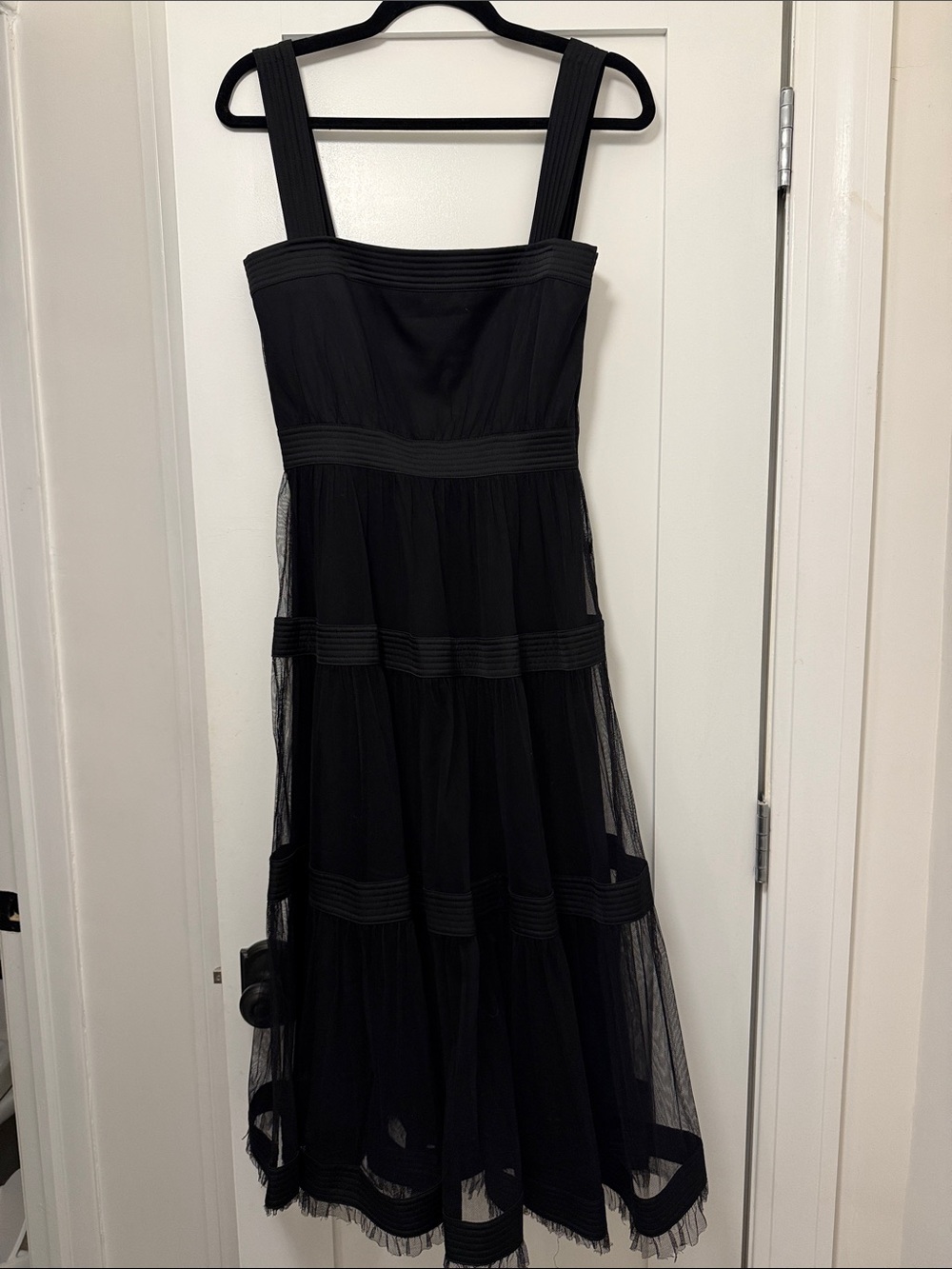 Black Tiered Square-Neck Midi Dress